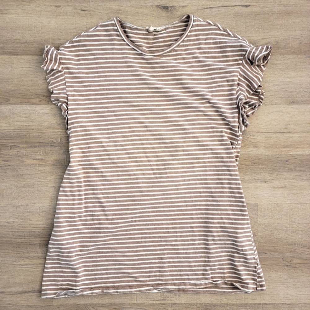 Tan and white striped mini dress ruffled short sleeves with pockets size medium